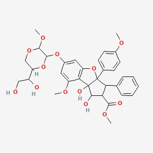 molecular formula C34H38O13 B8082373 methyl 6-[[6-(1,2-dihydroxyethyl)-3-methoxy-1,4-dioxan-2-yl]oxy]-1,8b-dihydroxy-8-methoxy-3a-(4-methoxyphenyl)-3-phenyl-2,3-dihydro-1H-cyclopenta[b][1]benzofuran-2-carboxylate 