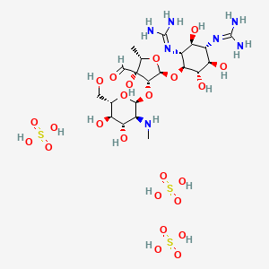 molecular formula C21H45N7O24S3 B8084345 2-[(1S,2S,3R,4S,5S,6R)-3-(diaminomethylideneamino)-4-[(2R,3R,4R,5S)-3-[(2S,3S,4S,5R,6S)-4,5-dihydroxy-6-(hydroxymethyl)-3-(methylamino)oxan-2-yl]oxy-4-formyl-4-hydroxy-5-methyloxolan-2-yl]oxy-2,5,6-trihydroxycyclohexyl]guanidine;sulfuric acid 