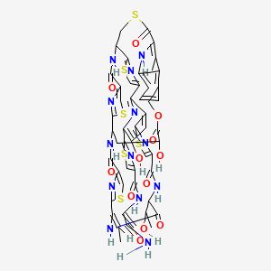 molecular formula C51H43N13O12S6 B8084472 N-(3-amino-3-oxoprop-1-en-2-yl)-2-[(21E)-21-ethylidene-9,30-dihydroxy-18-(1-hydroxyethyl)-40-methyl-16,19,26,31,42,46-hexaoxo-32-oxa-3,13,23,43,49-pentathia-7,17,20,27,45,51,52,53,54,55-decazanonacyclo[26.16.6.12,5.112,15.122,25.138,41.147,50.06,11.034,39]pentapentaconta-2(55),4,6,8,10,12(54),14,22(53),24,34(39),35,37,40,47,50-pentadecaen-8-yl]-1,3-thiazole-4-carboxamide 