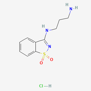 molecular formula C10H14ClN3O2S B8087778 N'-(1,1-dioxo-1,2-benzothiazol-3-yl)propane-1,3-diamine;hydrochloride 