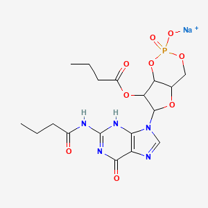 molecular formula C18H23N5NaO9P B8101548 sodium;[6-[2-(butanoylamino)-6-oxo-3H-purin-9-yl]-2-oxido-2-oxo-4a,6,7,7a-tetrahydro-4H-furo[3,2-d][1,3,2]dioxaphosphinin-7-yl] butanoate 