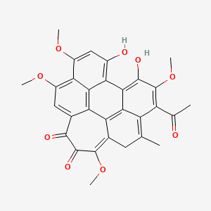 molecular formula C30H24O9 B8117877 19-acetyl-5,21-dihydroxy-7,9,14,20-tetramethoxy-17-methylhexacyclo[13.8.0.02,11.03,8.04,22.018,23]tricosa-1(23),2,4,6,8,10,14,17,19,21-decaene-12,13-dione 