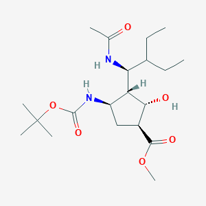 molecular formula C20H36N2O6 B8125754 Cyclopentanecarboxylic acid, 3-[(1S)-1-(acetylamino)-2-ethylbutyl]-4-[[(1,1-dimethylethoxy)carbonyl]amino]-2-hydroxy-, methyl ester, (1S,2S,3R,4R)- 