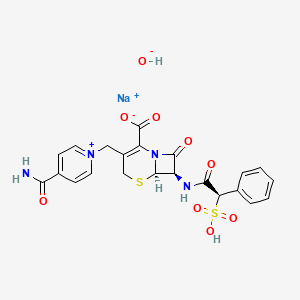 molecular formula C22H21N4NaO9S2 B8132291 sodium;(6R,7R)-3-[(4-carbamoylpyridin-1-ium-1-yl)methyl]-8-oxo-7-[[(2R)-2-phenyl-2-sulfoacetyl]amino]-5-thia-1-azabicyclo[4.2.0]oct-2-ene-2-carboxylate;hydroxide 