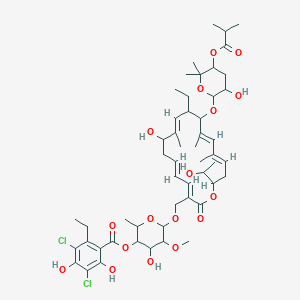 molecular formula C52H74Cl2O17 B8139609 [6-[[(3E,5E,9E,13E,15E)-11-ethyl-8-hydroxy-12-[3-hydroxy-6,6-dimethyl-5-(2-methylpropanoyloxy)oxan-2-yl]oxy-18-(1-hydroxyethyl)-9,13,15-trimethyl-2-oxo-1-oxacyclooctadeca-3,5,9,13,15-pentaen-3-yl]methoxy]-4-hydroxy-5-methoxy-2-methyloxan-3-yl] 3,5-dichloro-2-ethyl-4,6-dihydroxybenzoate 