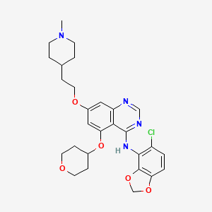 molecular formula C28H33ClN4O5 B8139663 N-(5-chloro-1,3-benzodioxol-4-yl)-7-[2-(1-methylpiperidin-4-yl)ethoxy]-5-(oxan-4-yloxy)quinazolin-4-amine 