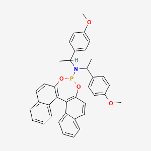 molecular formula C38H34NO4P B8140593 N,N-bis[1-(4-methoxyphenyl)ethyl]-12,14-dioxa-13-phosphapentacyclo[13.8.0.02,11.03,8.018,23]tricosa-1(15),2(11),3,5,7,9,16,18,20,22-decaen-13-amine 