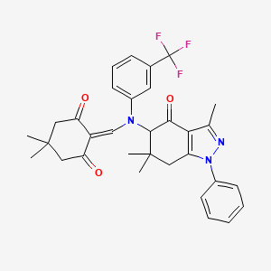 molecular formula C32H32F3N3O3 B8141805 5,5-dimethyl-2-[[3-(trifluoromethyl)-N-(3,6,6-trimethyl-4-oxo-1-phenyl-5,7-dihydroindazol-5-yl)anilino]methylidene]cyclohexane-1,3-dione 