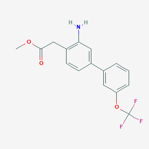molecular formula C16H14F3NO3 B8168086 Methyl 2-(3-amino-3'-(trifluoromethoxy)-[1,1'-biphenyl]-4-yl)acetate 