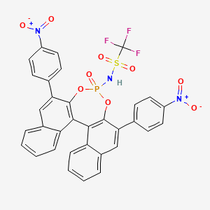 molecular formula C33H19F3N3O9PS B8211830 N-[10,16-bis(4-nitrophenyl)-13-oxo-12,14-dioxa-13λ5-phosphapentacyclo[13.8.0.02,11.03,8.018,23]tricosa-1(15),2(11),3,5,7,9,16,18,20,22-decaen-13-yl]-1,1,1-trifluoromethanesulfonamide 