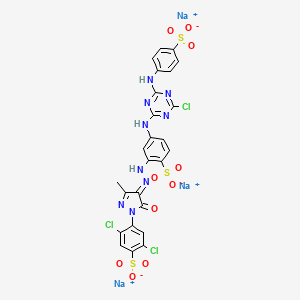 molecular formula C25H15Cl3N9Na3O10S3 B8230968 trisodium;2,5-dichloro-4-[(4E)-4-[[5-[[4-chloro-6-(4-sulfonatoanilino)-1,3,5-triazin-2-yl]amino]-2-sulfonatophenyl]hydrazinylidene]-3-methyl-5-oxopyrazol-1-yl]benzenesulfonate 