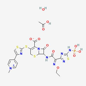 molecular formula C24H27N8O11PS4 B8231064 acetic acid;7-[[(2E)-2-ethoxyimino-2-[5-(phosphonoamino)-1,2,4-thiadiazol-3-yl]acetyl]amino]-3-[[4-(1-methylpyridin-1-ium-4-yl)-1,3-thiazol-2-yl]sulfanyl]-8-oxo-5-thia-1-azabicyclo[4.2.0]oct-2-ene-2-carboxylate;hydrate 