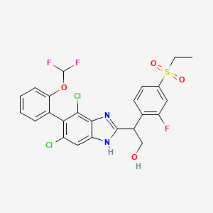 molecular formula C24H19Cl2F3N2O4S B8258319 2-{4,6-dichloro-5-[2-(difluoromethoxy)phenyl]-1H-1,3-benzodiazol-2-yl}-2-[4-(ethanesulfonyl)-2-fluorophenyl]ethanol 