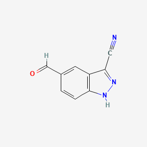 molecular formula C9H5N3O B8260441 5-Formyl-1H-indazole-3-carbonitrile 