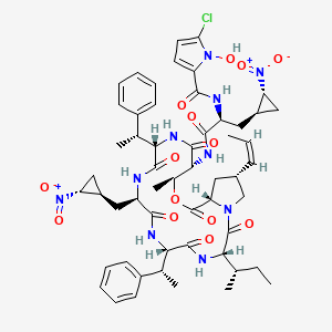 molecular formula C55H69ClN10O14 B8261219 N-[(2S)-1-[[(3S,6S,9R,12S,15R,16S,19S,21R)-3-[(2S)-butan-2-yl]-16-methyl-9-[[(1R,2R)-2-nitrocyclopropyl]methyl]-2,5,8,11,14,18-hexaoxo-6,12-bis[(1R)-1-phenylethyl]-21-[(Z)-prop-1-enyl]-17-oxa-1,4,7,10,13-pentazabicyclo[17.3.0]docosan-15-yl]amino]-3-[(1R,2R)-2-nitrocyclopropyl]-1-oxopropan-2-yl]-5-chloro-1-hydroxypyrrole-2-carboxamide 