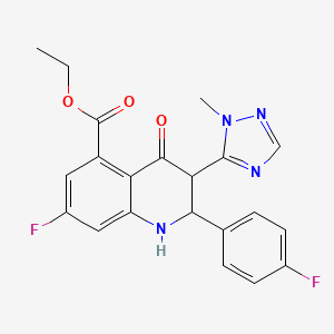 molecular formula C21H18F2N4O3 B8275546 Ethyl 7-fluoro-2-(4-fluorophenyl)-3-(1-methyl-1H-1,2,4-triazol-5-yl)-4-oxo-1,2,3,4-tetrahydroquinoline-5-carboxylate CAS No. 1207454-57-6