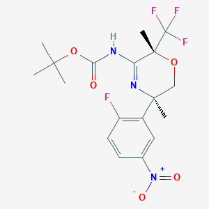 molecular formula C18H21F4N3O5 B8279639 tert-Butyl ((2R,5R)-5-(2-fluoro-5-nitrophenyl)-2,5-dimethyl-2-(trifluoromethyl)-5,6-dihydro-2H-1,4-oxazin-3-yl)carbamate 