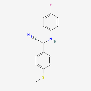molecular formula C15H13FN2S B8281663 alpha-(4-Fluoroanilino)-alpha-(4-methylthiophenyl)acetonitrile 
