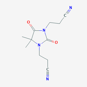 molecular formula C11H14N4O2 B8287430 1,3-Bis(2-cyanoethyl)-4,4-dimethyl-2,5-dioxoimidazolidine 