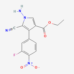 molecular formula C14H11FN4O4 B8308380 ethyl 1-amino-5-cyano-4-(3-fluoro-4-nitrophenyl)-1H-pyrrole-3-carboxylate 