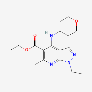 molecular formula C18H26N4O3 B8320832 Ethyl 1,6-diethyl-4-(tetrahydro-2H-pyran-4-ylamino)-1H-pyrazolo[3,4-b]pyridine-5-carboxylate 