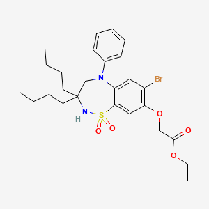 molecular formula C26H35BrN2O5S B8339256 Ethyl 2-((7-bromo-3,3-dibutyl-1,1-dioxido-5-phenyl-2,3,4,5-tetrahydrobenzo[f][1,2,5]thiadiazepin-8-yl)oxy)acetate 