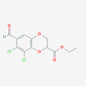 molecular formula C12H10Cl2O5 B8339636 Ethyl 6-formyl-7,8-dichloro-1,4-benzodioxane-2-carboxylate 