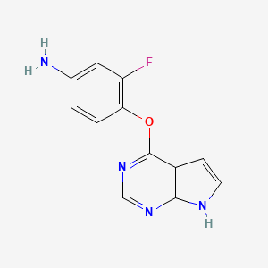 molecular formula C12H9FN4O B8346545 3-fluoro-4-(7H-pyrrolo[2,3-d]pyrimidin-4-yloxy)-phenylamine 