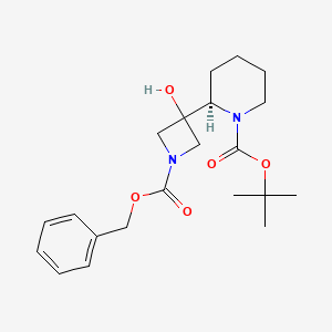 molecular formula C21H30N2O5 B8349070 1,1-dimethylethyl (2R)-2-(3-hydroxy-1-{[(phenylmethyl)oxy]carbonyl}azetidin-3-yl)piperidine-1-carboxylate 