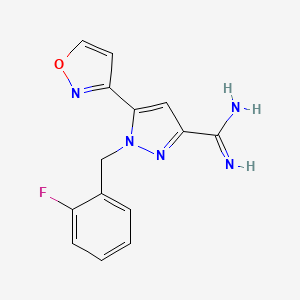 molecular formula C14H12FN5O B8355124 1-(2-fluorobenzyl)-5-(isoxazol-3-yl)-1H-pyrazole-3-carboximidamide 
