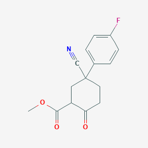 molecular formula C15H14FNO3 B8357128 Methyl 5-cyano-5-(4-fluorophenyl)-2-oxocyclohexanecarboxylate 