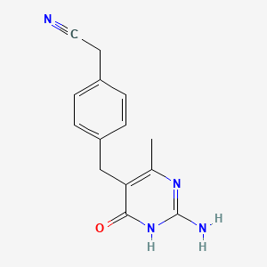 molecular formula C14H14N4O B8363131 2-(4-((2-Amino-4-hydroxy-6-methylpyrimidin-5-yl)methyl)phenyl)acetonitrile 