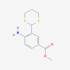 molecular formula C12H15NO2S2 B8370100 2-Amino-5-(methoxycarbonyl)benzaldehyde trimethylene mercaptal 