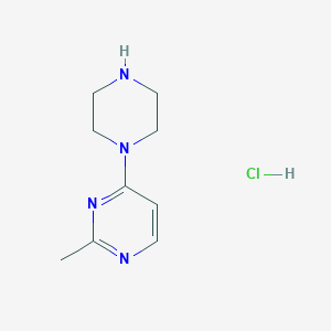 molecular formula C9H15ClN4 B8370379 Pyrimidine, 2-methyl-4-(1-piperazinyl)-, hydrochloride (1:2) 