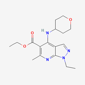 molecular formula C17H24N4O3 B8372860 Ethyl 1-ethyl-6-methyl-4-(tetrahydro-2H-pyran-4-ylamino)-1H-pyrazolo[3,4-b]pyridine-5-carboxylate 
