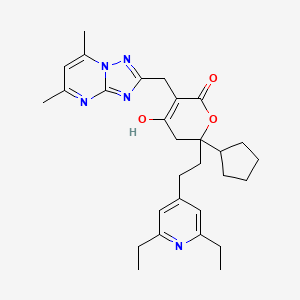 molecular formula C29H37N5O3 B8376157 6-Cyclopentyl-6-[2-(2,6-diethylpyridin-4-yl)ethyl]-3-[(5,7-dimethyl-[1,2,4]triazolo[1,5-a]pyrimidin-2-yl)methyl]-4-hydroxy-5,6-dihydro-2H-pyran-2-one 