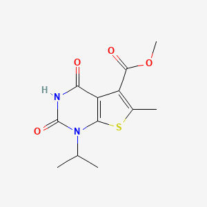 molecular formula C12H14N2O4S B8382654 Methyl 1-isopropyl-6-methyl-2,4-dioxo-1,2,3,4-tetrahydrothieno[2,3-d]pyrimidine-5-carboxylate 