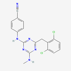 molecular formula C18H14Cl2N6 B8383177 4-[[4-[(2,6-Dichlorophenyl)methyl]-6-(methylamino)-1,3,5-triazin-2-yl]amino]benzonitrile 