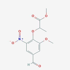 molecular formula C12H13NO7 B8385911 Methyl 2-(4-formyl-2-methoxy-6-nitrophenoxy)propanoate 