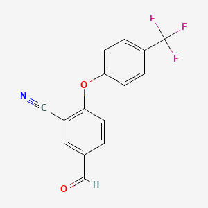 molecular formula C15H8F3NO2 B8415593 Benzonitrile, 5-formyl-2-[4-(trifluoromethyl)phenoxy]- 