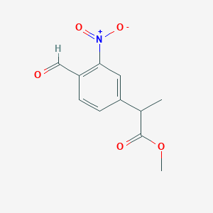 molecular formula C11H11NO5 B8419589 Methyl 2-(4-formyl-3-nitrophenyl)propionate 