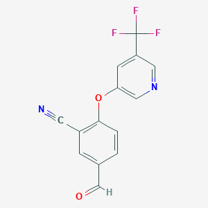molecular formula C14H7F3N2O2 B8431010 Benzonitrile, 5-formyl-2-[[5-(trifluoromethyl)-3-pyridinyl]oxy]- 