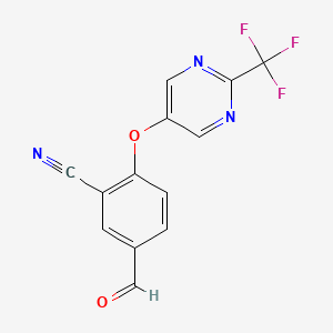 molecular formula C13H6F3N3O2 B8435426 Benzonitrile, 5-formyl-2-[[2-(trifluoromethyl)-5-pyrimidinyl]oxy]- 