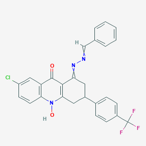 molecular formula C27H19ClF3N3O2 B008436 1-(Benzylidenehydrazinylidene)-7-chloro-10-hydroxy-3-[4-(trifluoromethyl)phenyl]-1,3,4,10-tetrahydroacridin-9(2H)-one CAS No. 102192-66-5