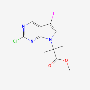 molecular formula C11H11ClIN3O2 B8438655 Methyl 2-(2-chloro-5-iodo-7H-pyrrolo[2,3-d]pyrimidin-7-yl)-2-methylpropanoate 