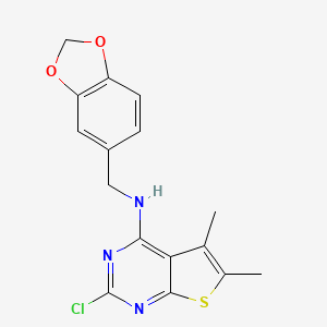 molecular formula C16H14ClN3O2S B8443362 2-Chloro-5,6-dimethyl-4-(3,4-methylenedioxybenzylamino)-thieno-[2,3-d]-pyrimidine 