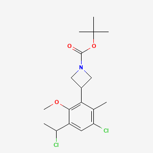 molecular formula C18H25Cl2NO3 B8457324 tert-butyl 3-[5-chloro-3-(1-chloroethyl)-2-methoxy-6-methylphenyl]azetidine-1-carboxylate 