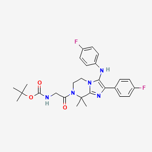 molecular formula C27H31F2N5O3 B8475558 Carbamic acid, N-[2-[2-(4-fluorophenyl)-3-[(4-fluorophenyl)amino]-5,6-dihydro-8,8-dimethylimidazo[1,2-a]pyrazin-7(8H)-yl]-2-oxoethyl]-, 1,1-dimethylethyl ester 