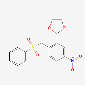 molecular formula C16H15NO6S B8509719 2-{2-[(Benzenesulfonyl)methyl]-5-nitrophenyl}-1,3-dioxolane CAS No. 89303-40-2