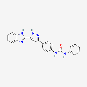 molecular formula C23H18N6O B8513613 N-{4-[3-(1H-Benzimidazol-2-yl)-1H-pyrazol-5-yl]phenyl}-N'-phenylurea 